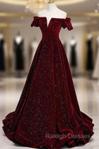 Burgundy Velvet Long Prom Dress, A-Line Off the Shoulder Evening Dress