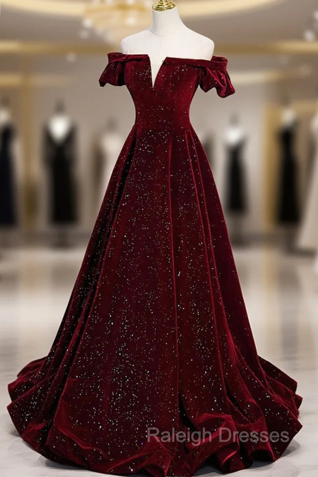 Burgundy Velvet Long Prom Dress, A-Line Off the Shoulder Evening Dress