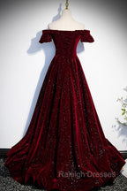 Burgundy Velvet Long Prom Dress, A Line Off the Shoulder Prom Dress
