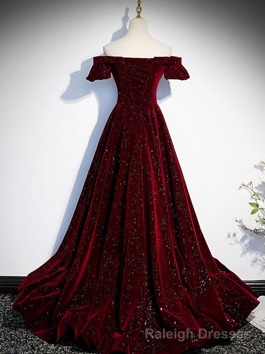 Burgundy Velvet Long Prom Dress, Burgundy Long Formal Dress Main image