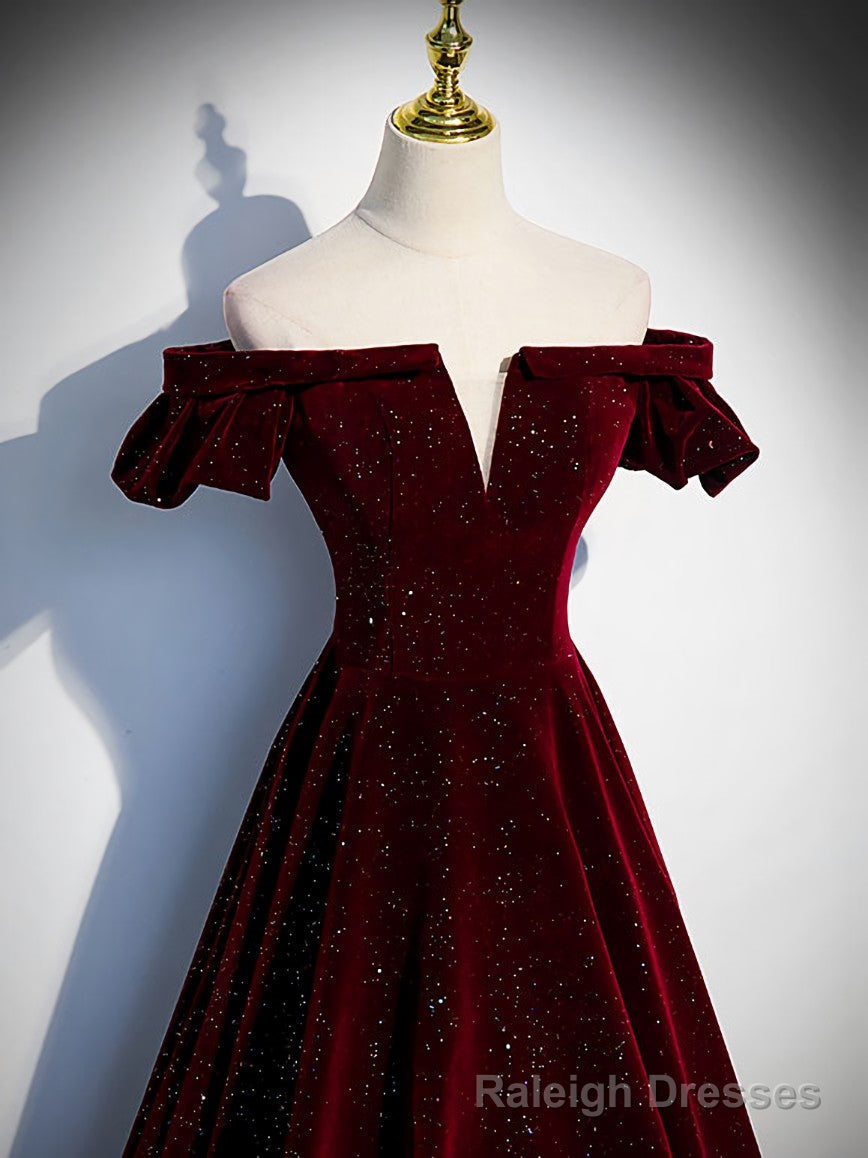 Burgundy Velvet Long Prom Dress, Burgundy Long Formal Dress