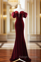 Burgundy Velvet Long Prom Dress, Burgundy Off Shoulder Pearl Evening Dress