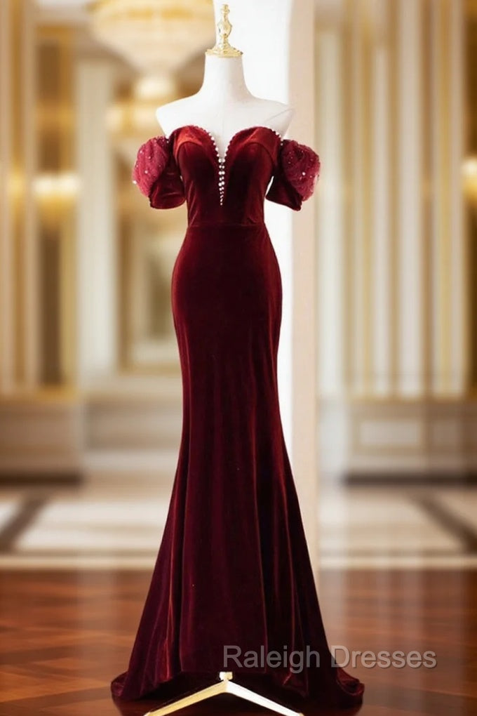 Burgundy Velvet Long Prom Dress, Burgundy Off Shoulder Pearl Evening Dress