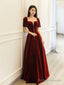 Burgundy Velvet Long Prom Dress, Elegant A-Line Short Sleeve Evening Party Dress