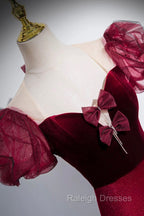 Burgundy Velvet Long Prom Dress, Mermaid Short Sleeve Party Dress Wit Bow