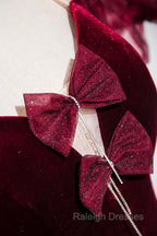 Burgundy Velvet Long Prom Dresses Mermaid Short Sleeve Prom Dresses Wit Bow