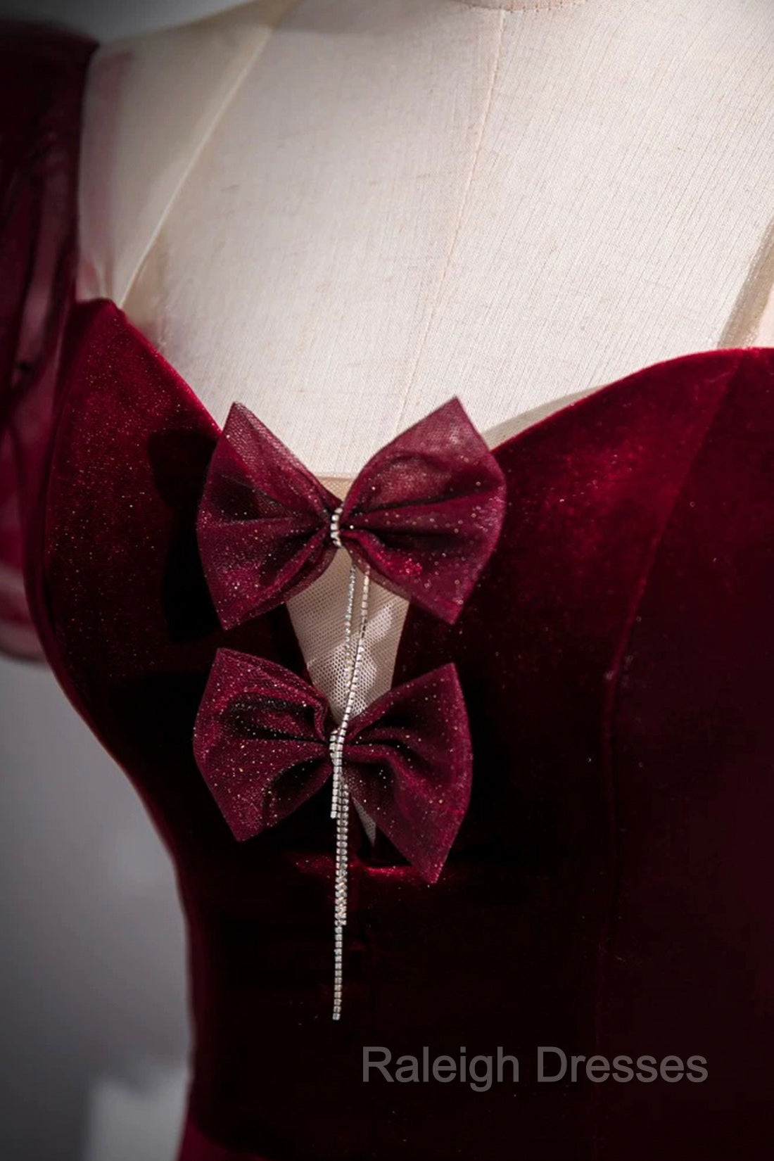 Burgundy Velvet Long Prom Dress, Mermaid Short Sleeve Party Dress Wit Bow