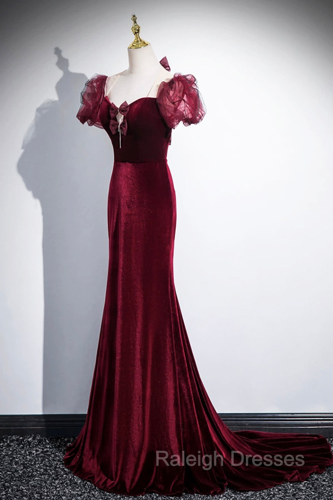 Burgundy Velvet Long Prom Dress, Mermaid Short Sleeve Party Dress Wit Bow