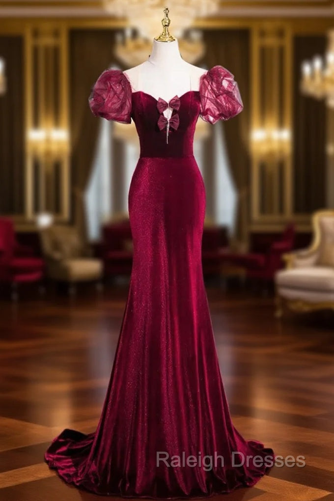 Burgundy Velvet Long Prom Dress, Mermaid Short Sleeve Party Dress Wit Bow Main image