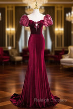 Burgundy Velvet Long Prom Dress, Mermaid Short Sleeve Party Dress Wit Bow