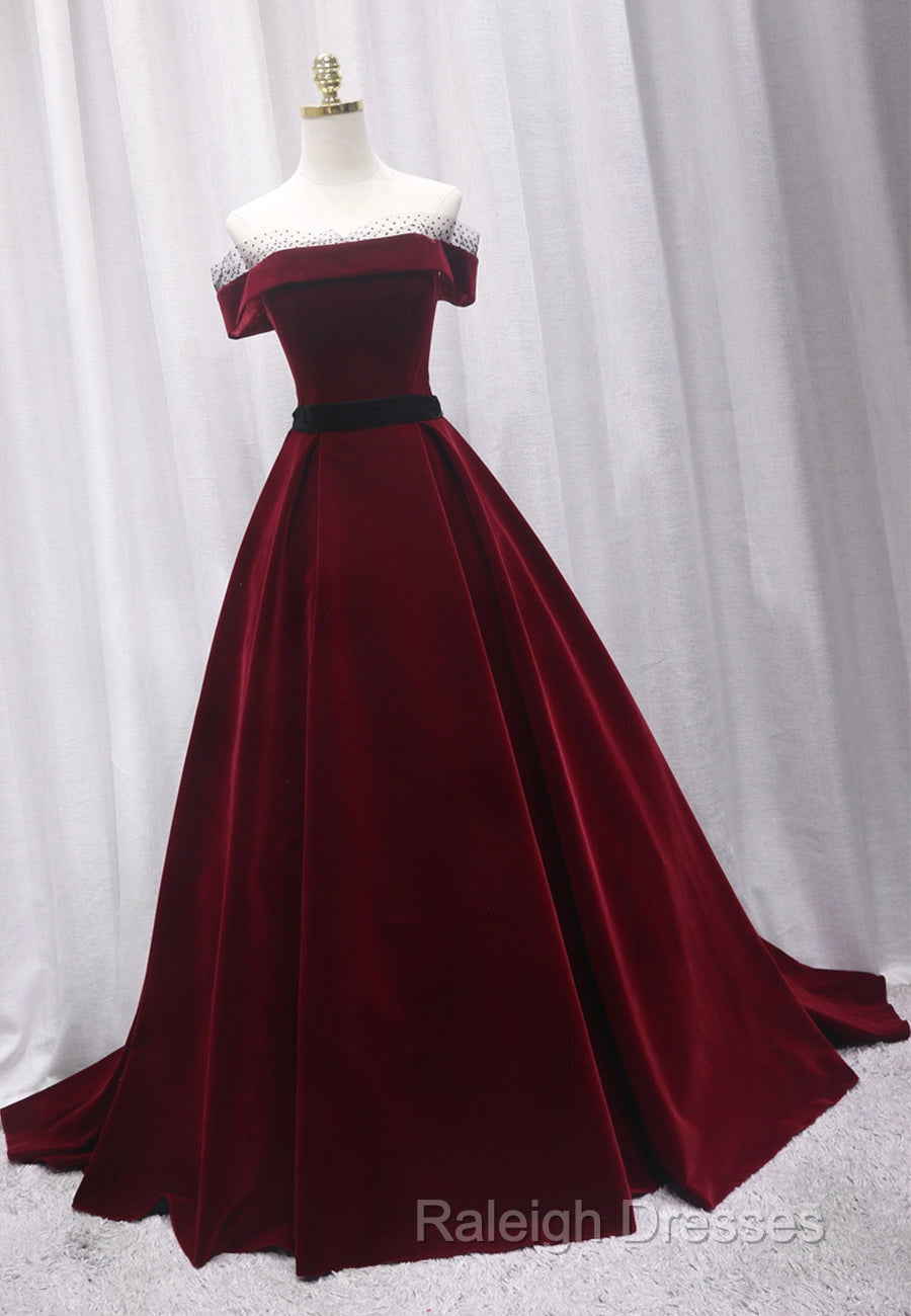 Burgundy Velvet Long Prom Dresses, A-Line Evening Dresses