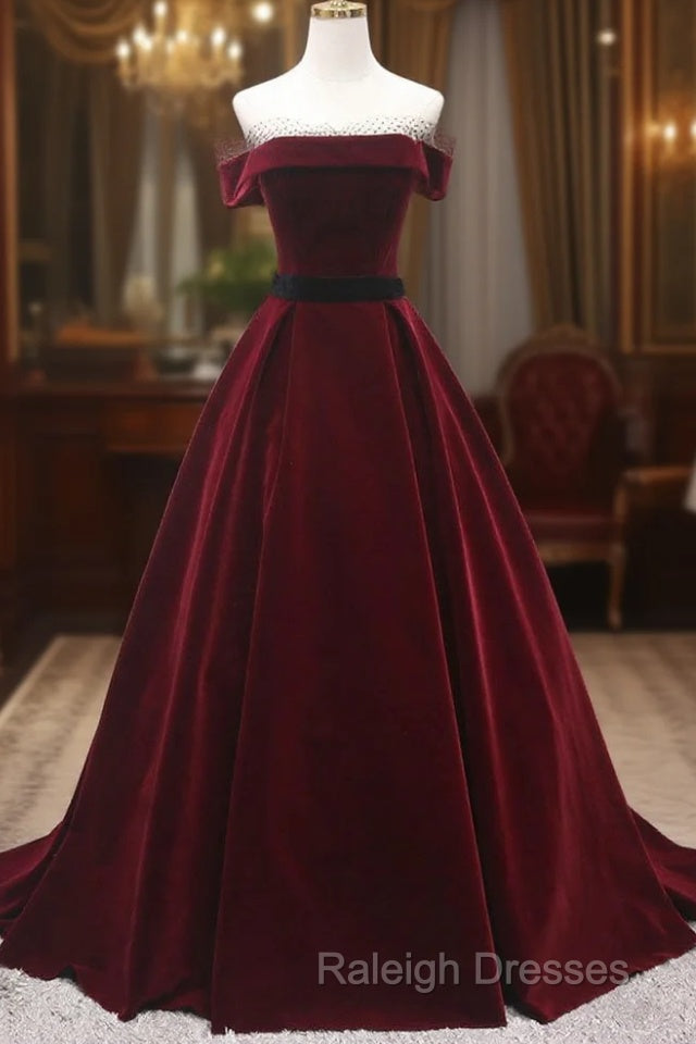 Burgundy Velvet Long Prom Dresses, A-Line Evening Dresses Main image