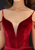 Burgundy Velvet Long Prom Dresses, Spaghetti Strap Evening Dresses