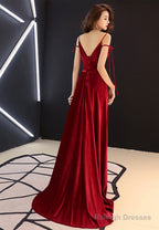 Burgundy Velvet Long Prom Dresses, Spaghetti Strap Evening Dresses