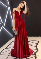 Burgundy Velvet Long Prom Dresses, Spaghetti Strap Evening Dresses