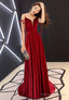 Burgundy Velvet Long Prom Dresses, Spaghetti Strap Evening Dresses