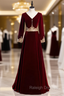 Burgundy Velvet Long Sleeve Appliques V-neck Prom Dress