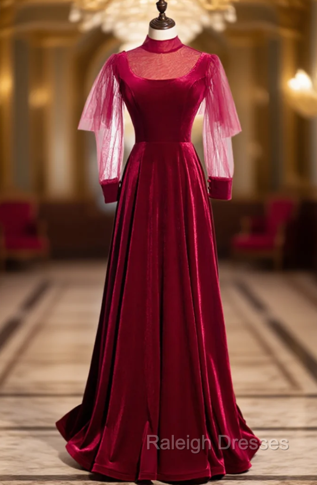 Burgundy Velvet Long Sleeve High Neck Backless Prom Dress