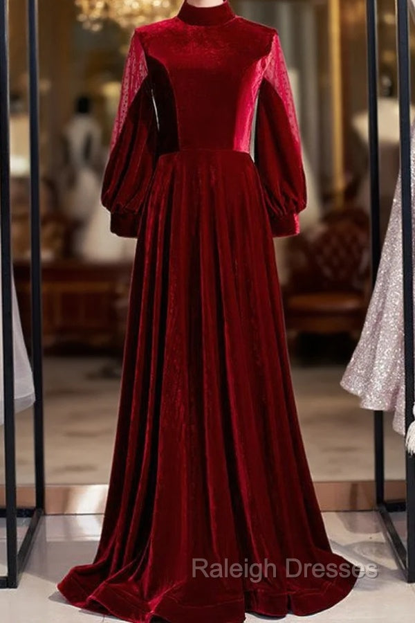 Burgundy Velvet Long Sleeve High Neck Prom Dress