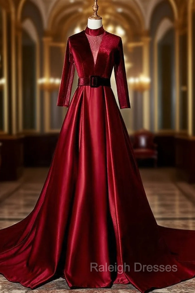 Burgundy Velvet Long Sleeve High Neck See Through Back Prom Dress