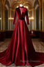 Burgundy Velvet Long Sleeve High Neck See Through Back Prom Dress