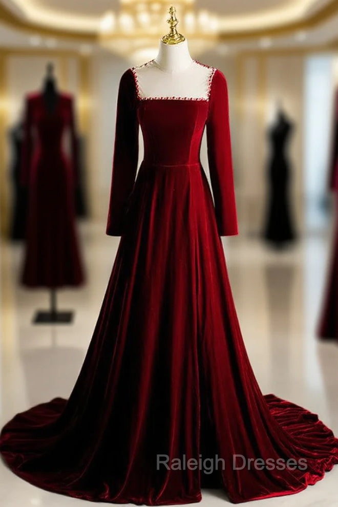 Burgundy Velvet Long Sleeve Pearls Prom Dress