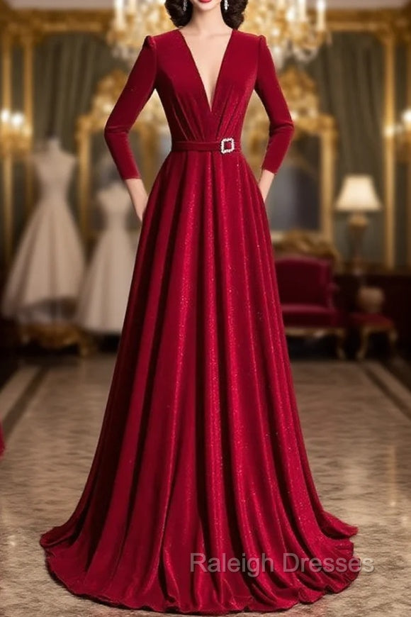 Burgundy Velvet Long Sleeve Pleats Prom Dress Main image