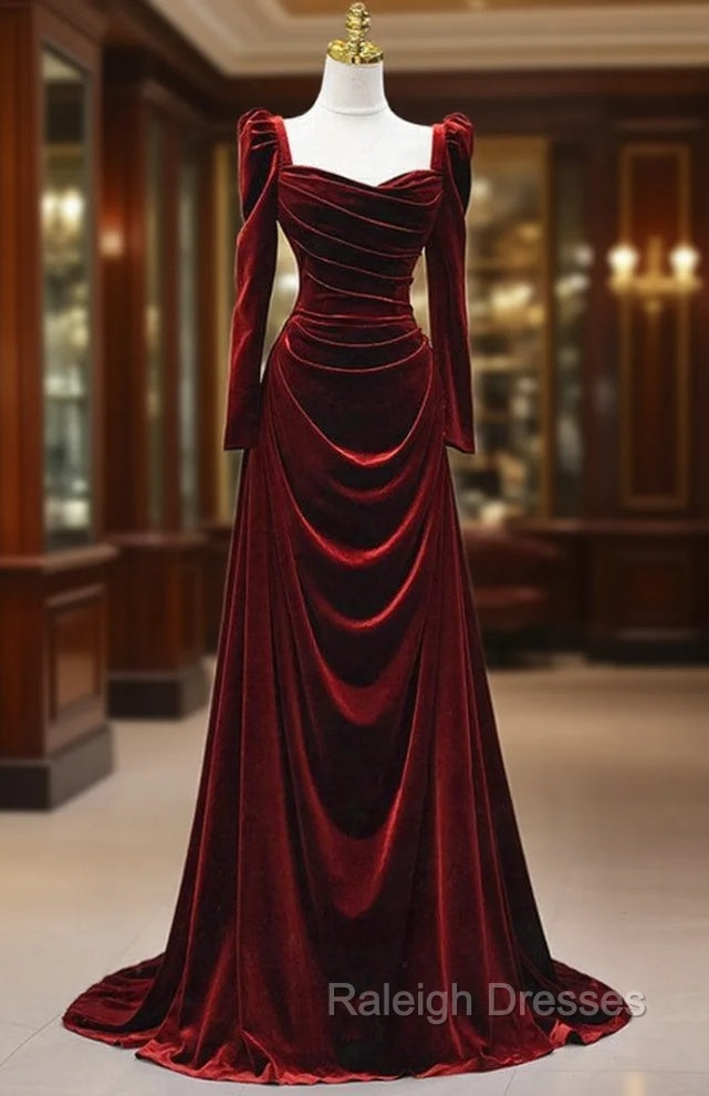 Burgundy Velvet Long Sleeve Pleats Square Neck Prom Dress