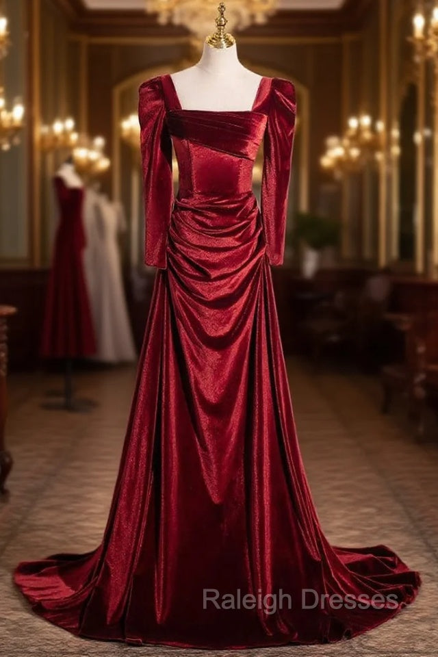 Burgundy Velvet Long Sleeve Pleats Square Prom Dress