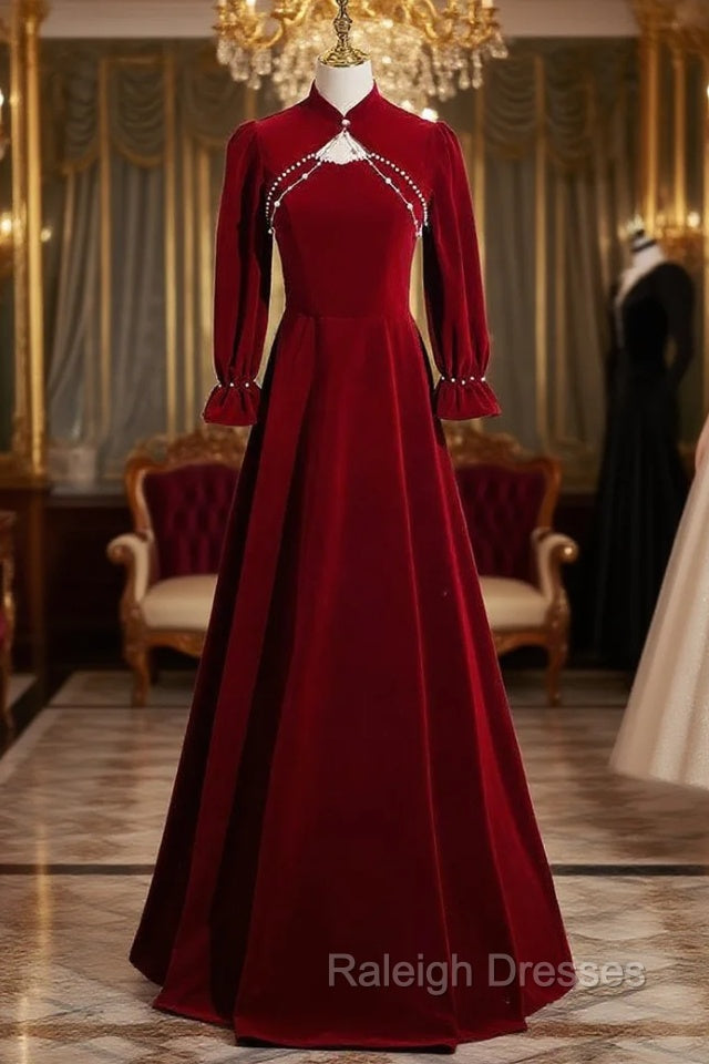 Burgundy Velvet Long Sleeve Prom Dress Main image