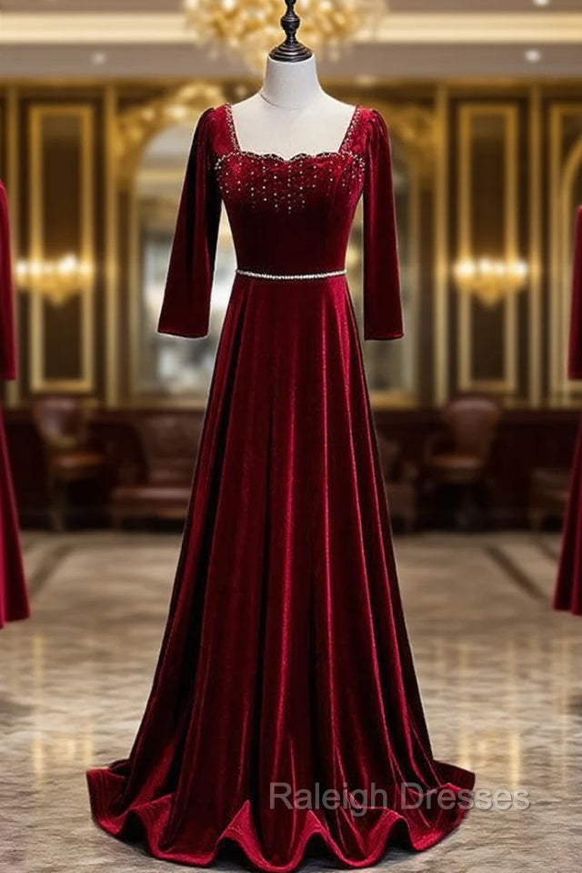 Burgundy Velvet Long Sleeve Square Beading Prom Dress