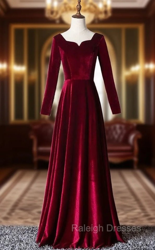 Burgundy Velvet Long Sleeve Square Prom Dress