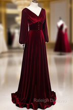 Burgundy Velvet Long Sleeves A-line Prom Dress, Long Simple Bridesmaid Dresses