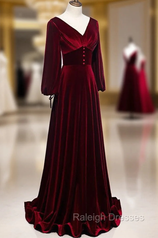 Burgundy Velvet Long Sleeves A Line Prom Dress, Long Simple Bridesmaid Dresses