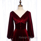 Burgundy Velvet Long Sleeves A-line Prom Dress, Long Simple Bridesmaid Dresses