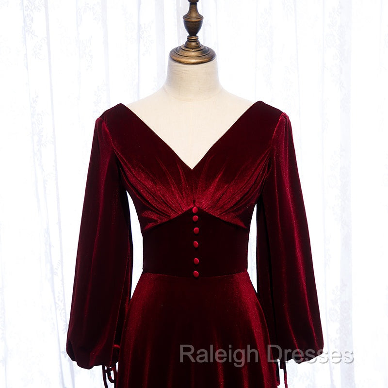 Burgundy Velvet Long Sleeves A-line Prom Dress, Long Simple Bridesmaid Dresses