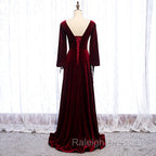 Burgundy Velvet Long Sleeves A-line Prom Dress, Long Simple Bridesmaid Dresses