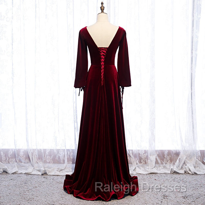 Burgundy Velvet Long Sleeves A-line Prom Dress, Long Simple Bridesmaid Dresses