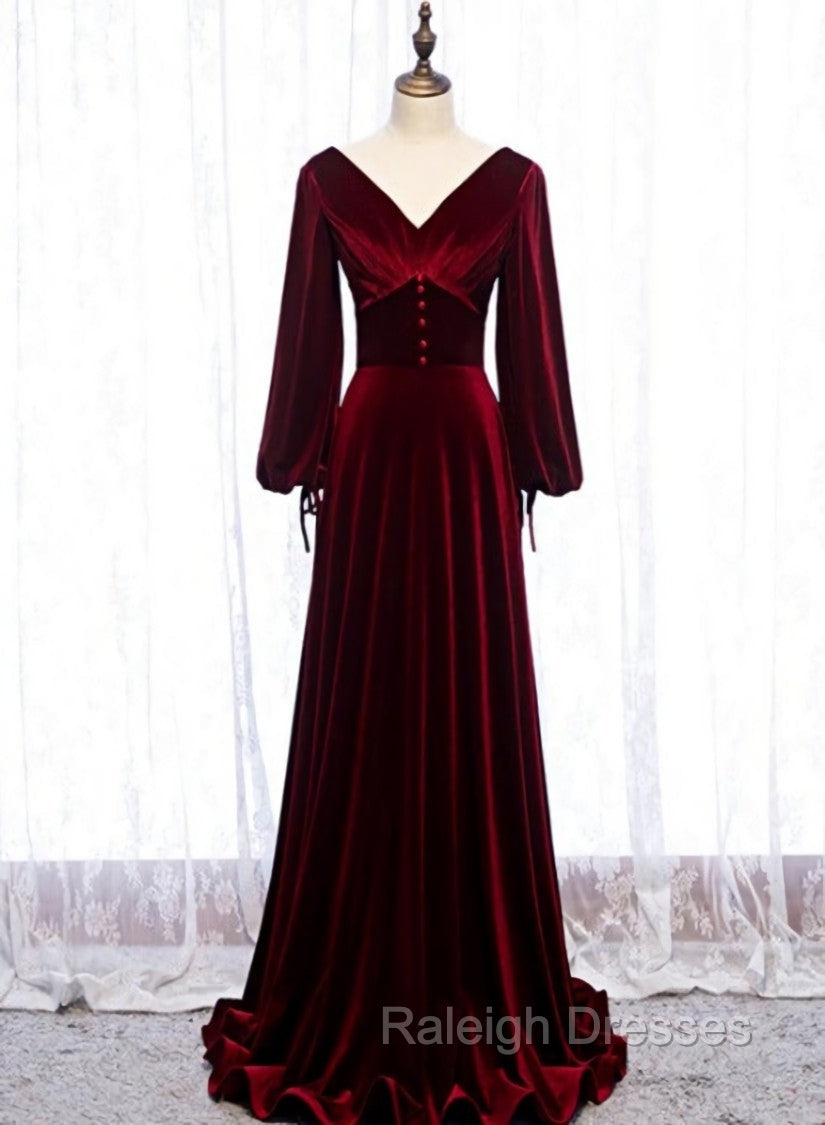 Burgundy Velvet Long Sleeves A Line Prom Dress, Long Simple Bridesmaid Dresses Main image