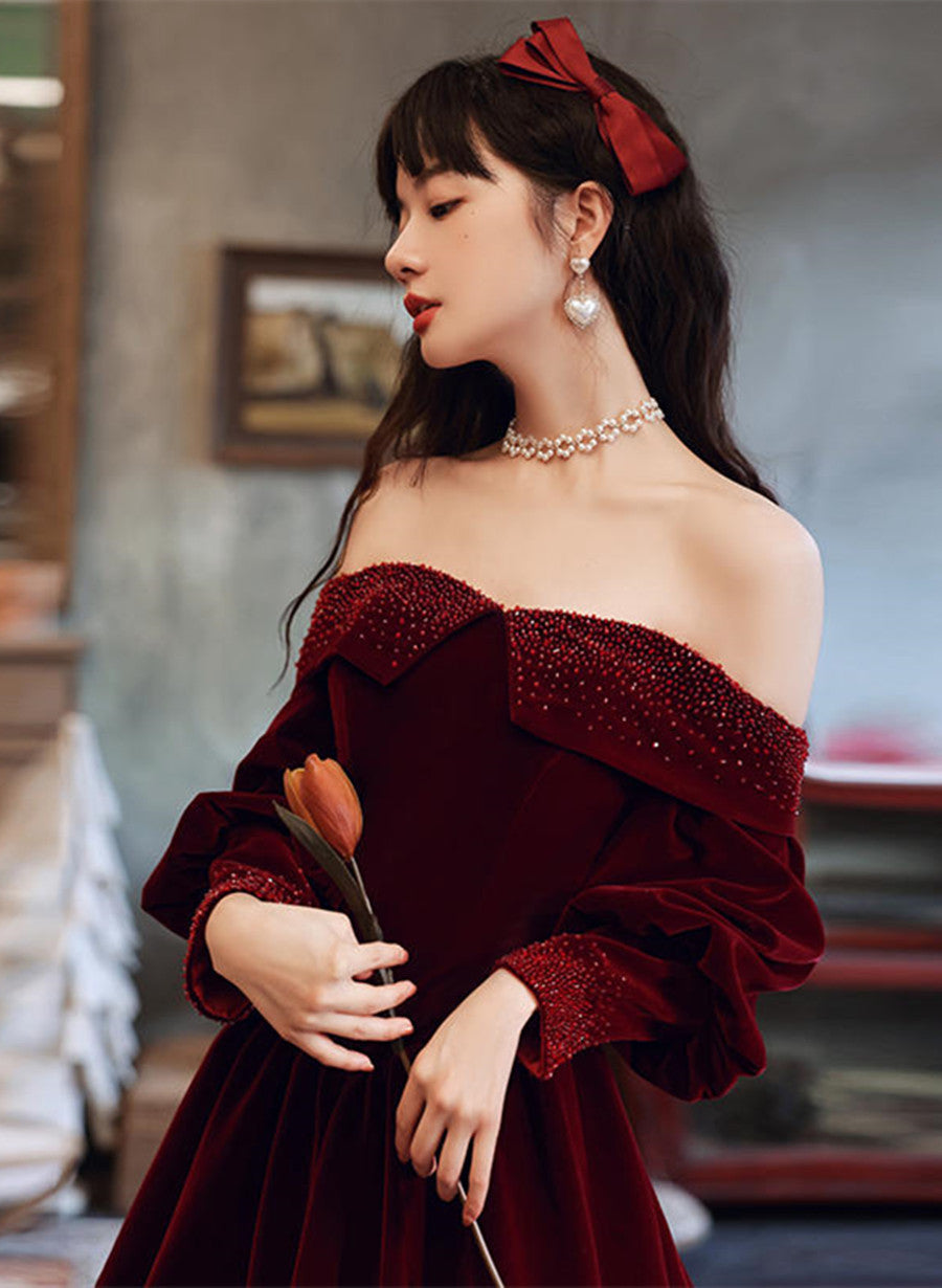 Burgundy Velvet Long Sleeves Beaded Prom Dresses Sweetheart Long Prom Dresses