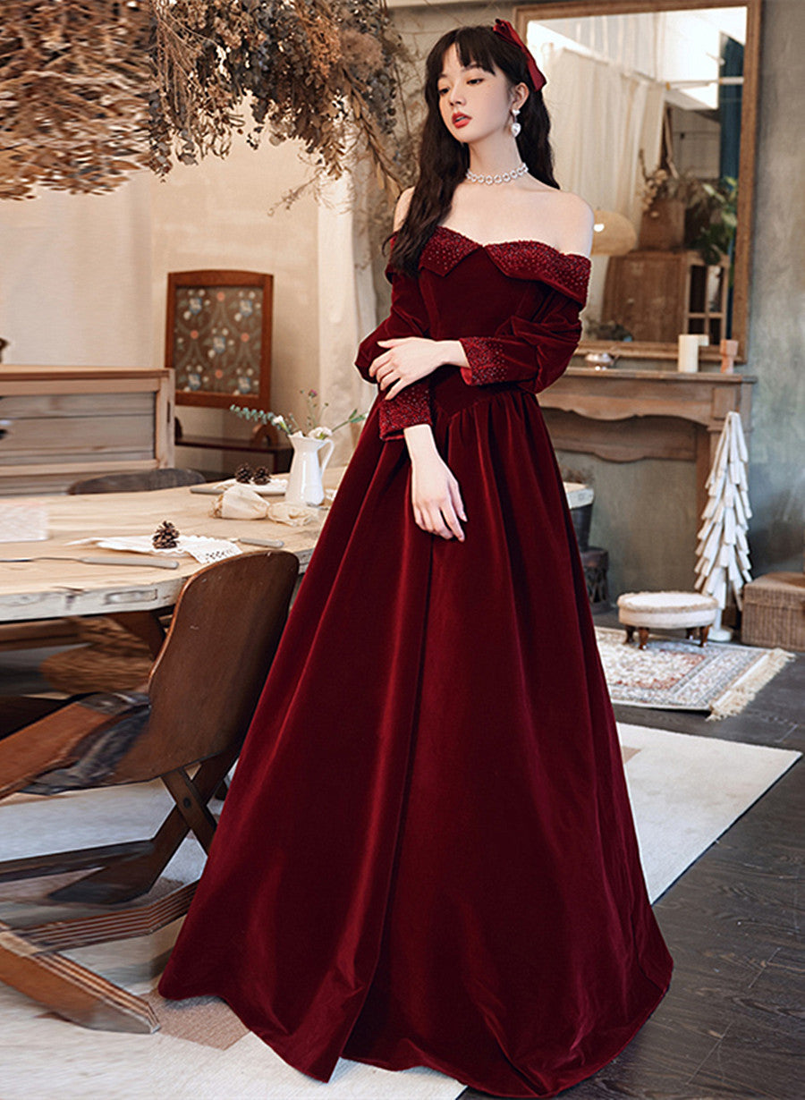 Burgundy Velvet Long Sleeves Beaded Prom Dresses Sweetheart Long Prom Dresses