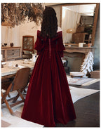 Burgundy Velvet Long Sleeves Beaded Prom Dresses Sweetheart Long Prom Dresses