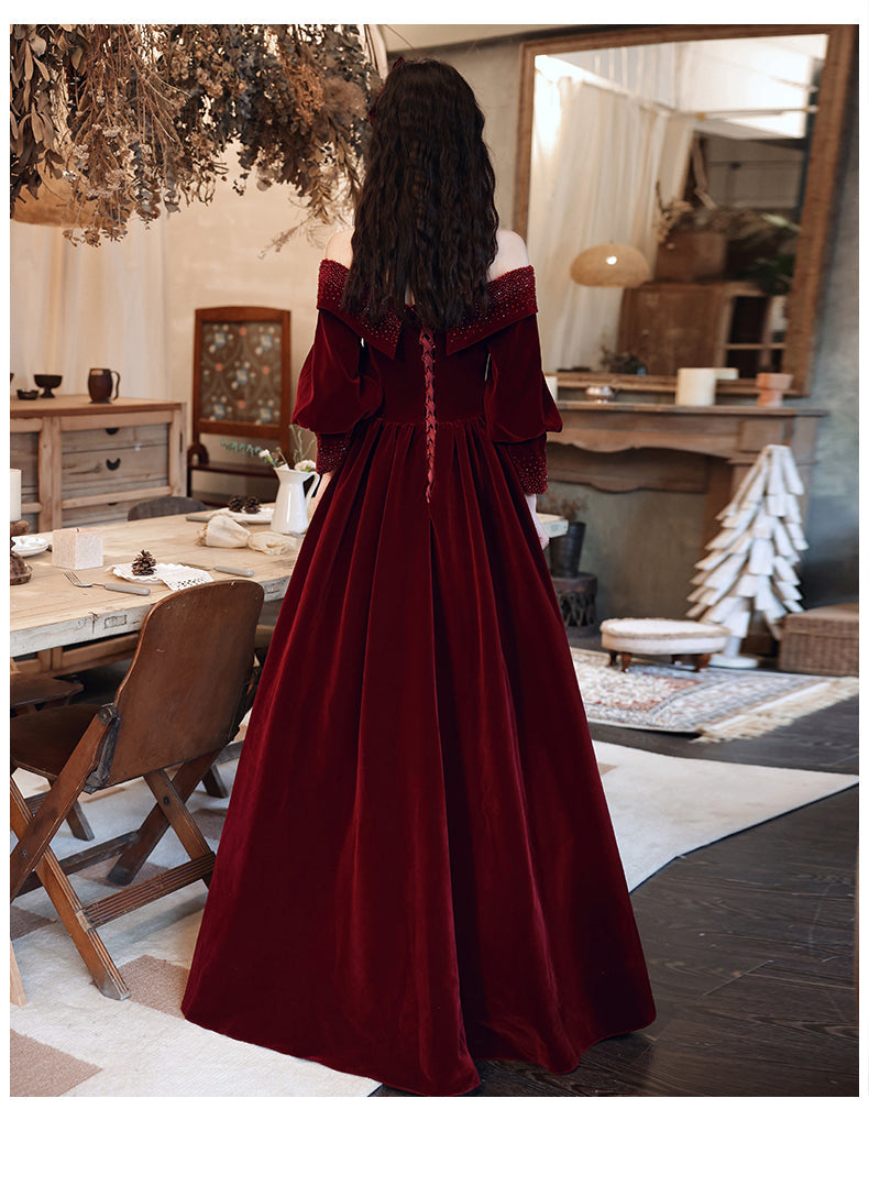 Burgundy Velvet Long Sleeves Beaded Prom Dresses Sweetheart Long Prom Dresses