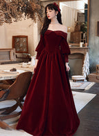 Burgundy Velvet Long Sleeves Beaded Prom Dresses Sweetheart Long Prom Dresses