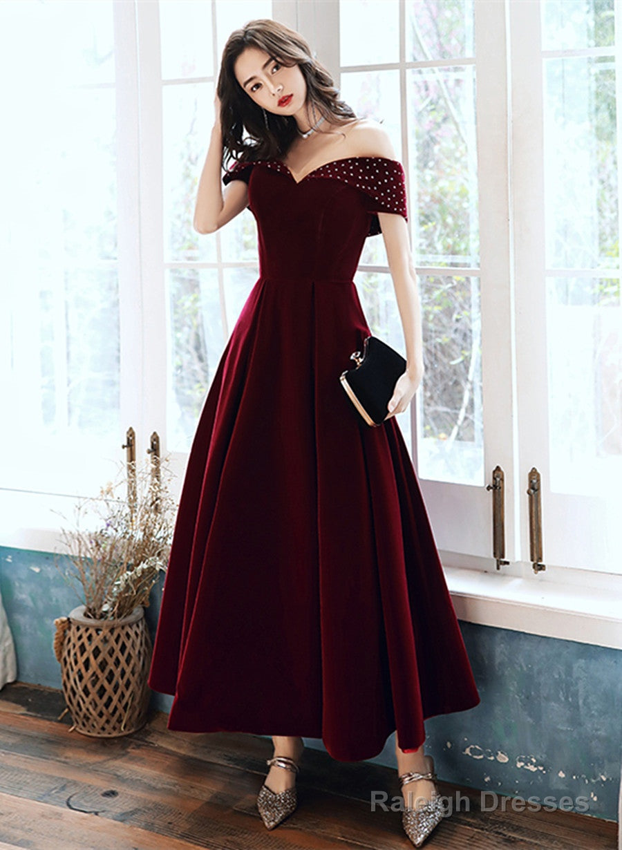 Burgundy Velvet Off Shoulder Long Wedding Party Dress, Burgundy Prom Dress Secondary image