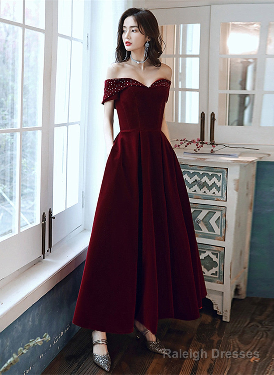 Burgundy Velvet Off Shoulder Long Wedding Party Dress, Burgundy Prom Dress Main image