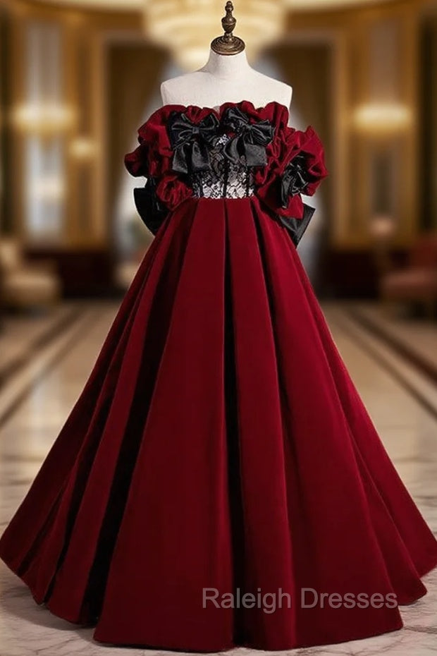 Burgundy Velvet Off the Shoulder Black Bow Prom Dress Main image