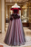 Burgundy Velvet Off the Shoulder Flower Prom Dress