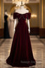 Burgundy Velvet Off the Shoulder Pearls Prom Dress