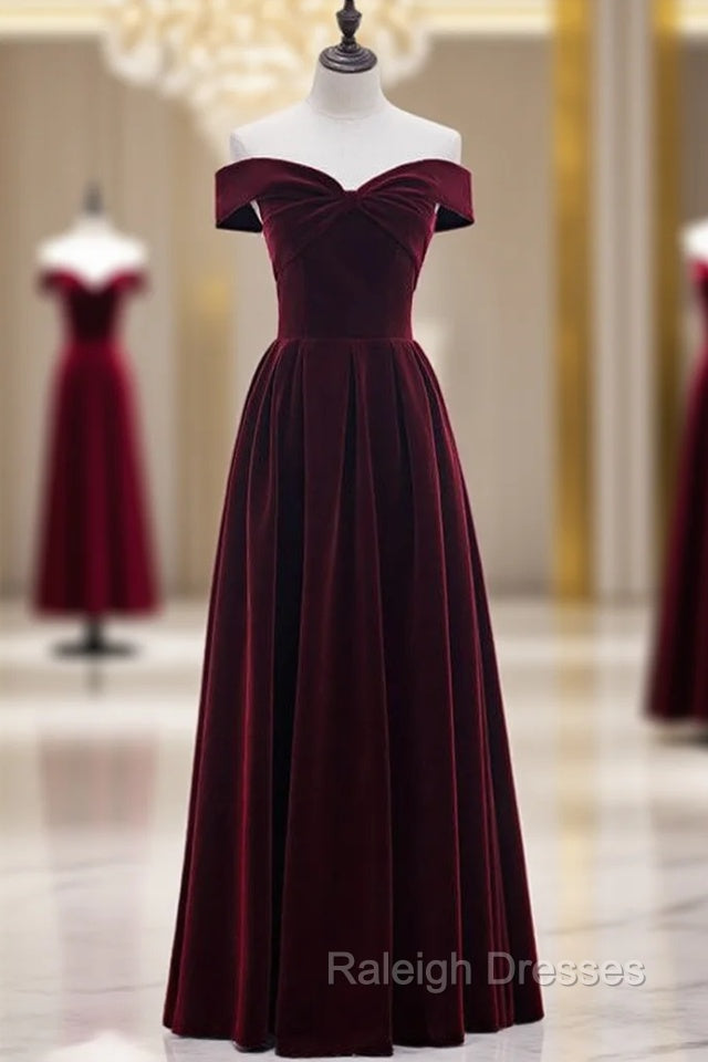 Burgundy Velvet Off the Shoulder Pleats Prom Dress Main image